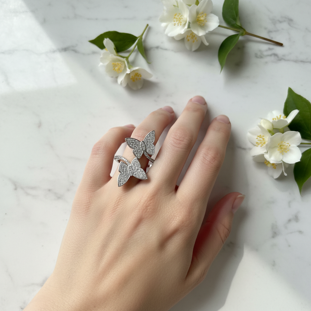 14K White Gold Double Butterfly Diamond Ring – Lifestyle