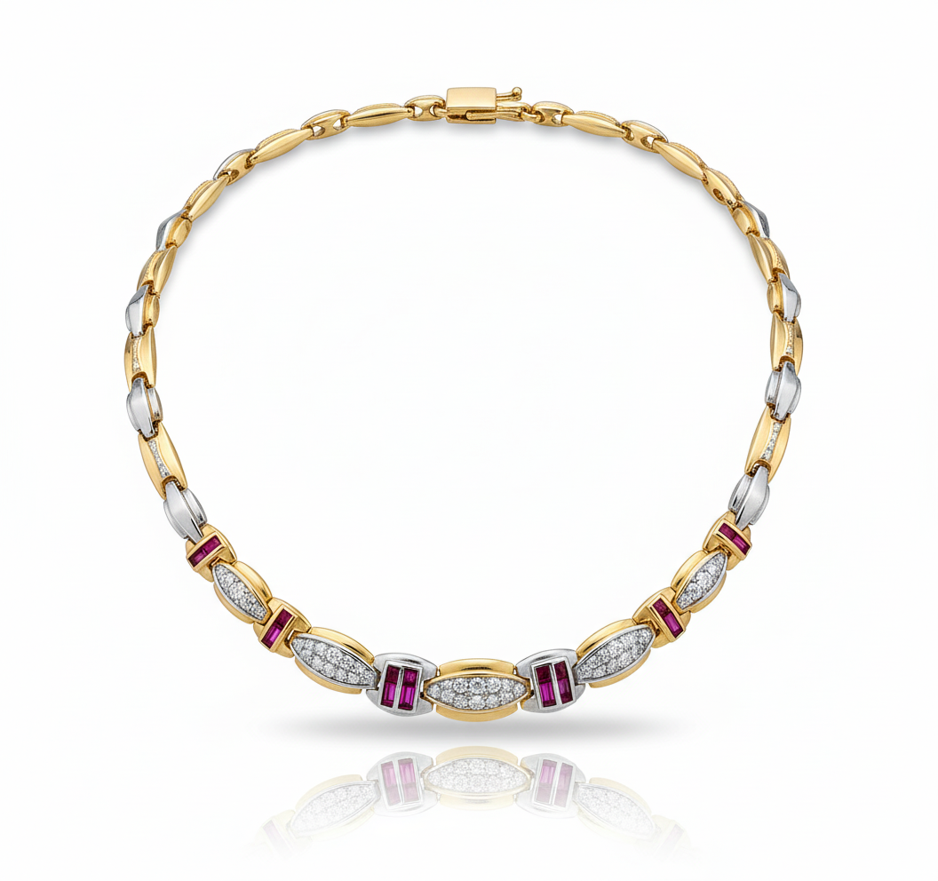 14K Yellow Gold DIA & RUBY CZ Station Necklace 18"