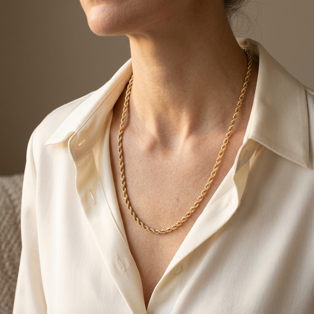 Model wearing a 20-inch yellow gold rope chain necklace with an ivory shirt