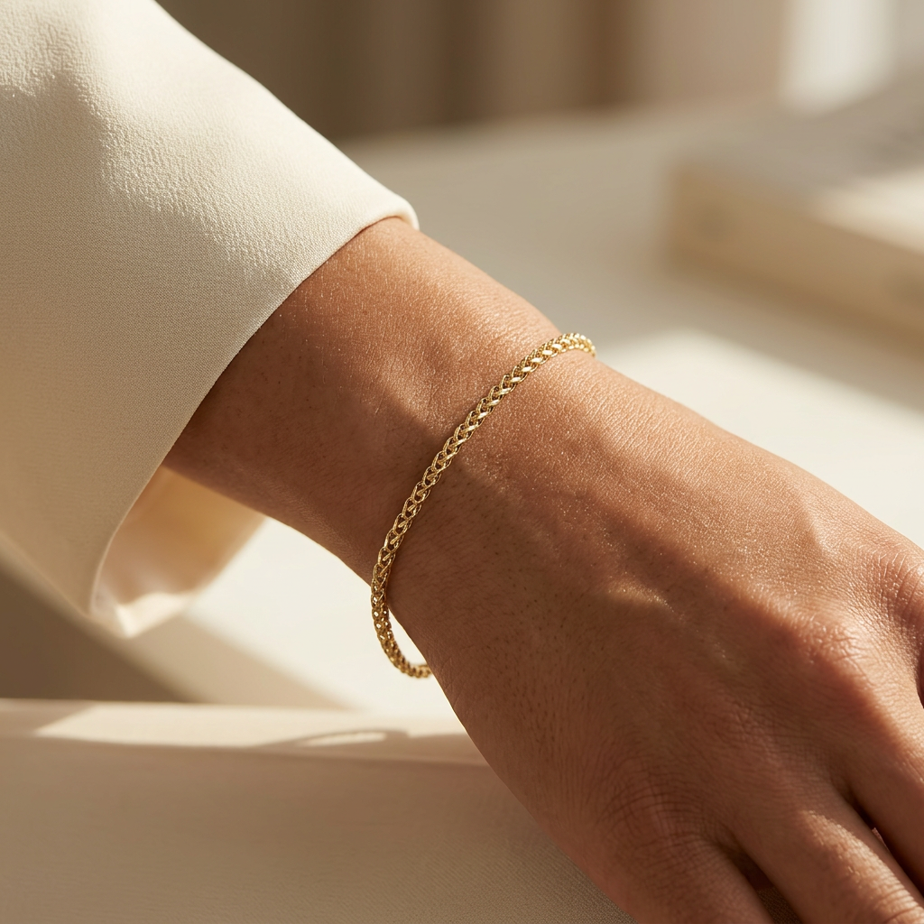 Delicate yellow gold Franco bracelet styled on a wrist