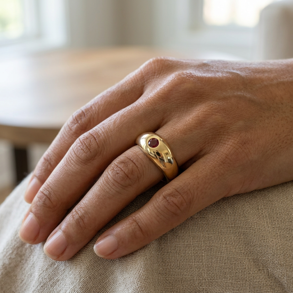 Yellow gold ruby ring worn on a hand