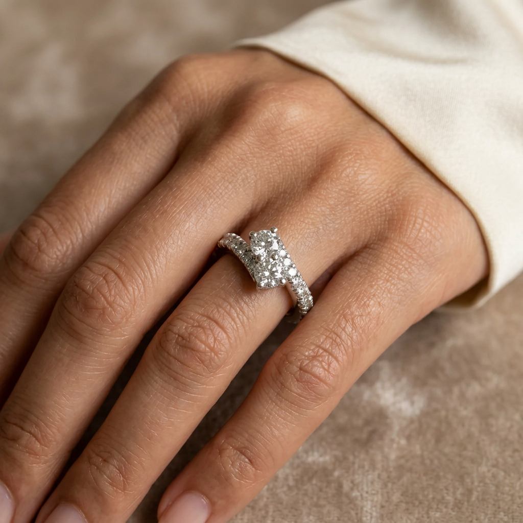 R2420 14K white gold two-stone diamond ring worn on a hand