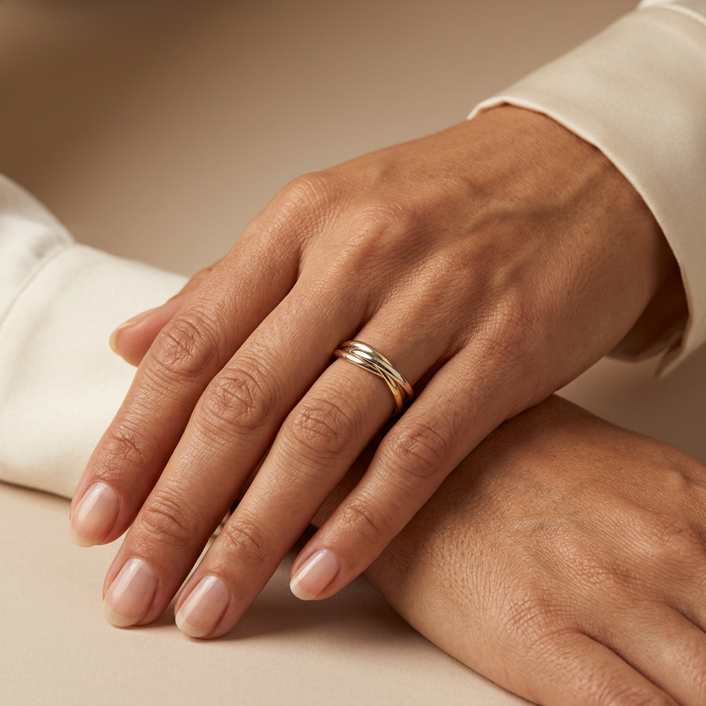 G099 tri-color gold rolling ring worn on a hand with a cream sleeve