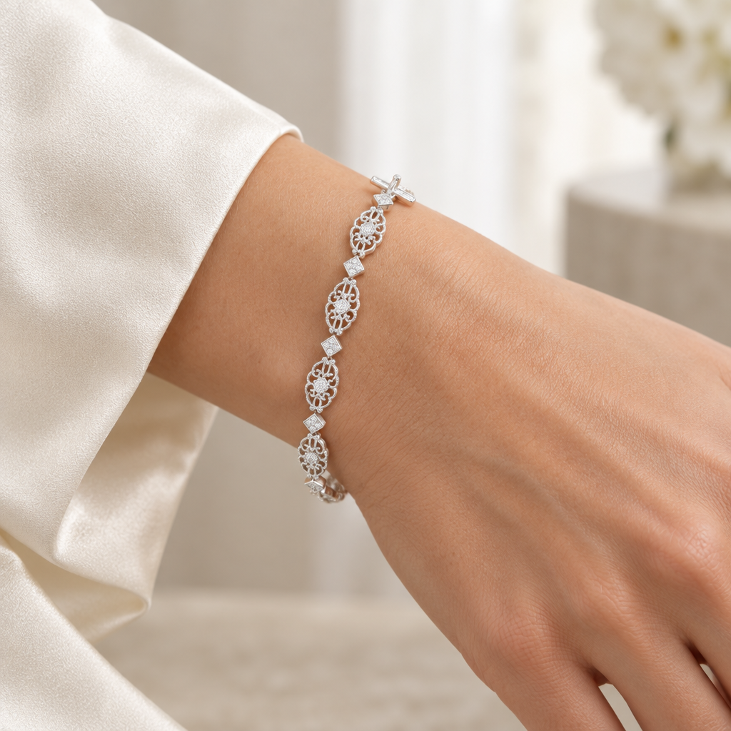 7.5-inch white gold diamond bracelet worn with an ivory sleeve