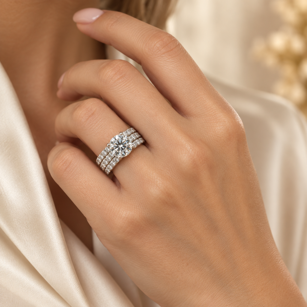 White-gold pavé diamond ring with a round center stone worn on a hand in soft natural light