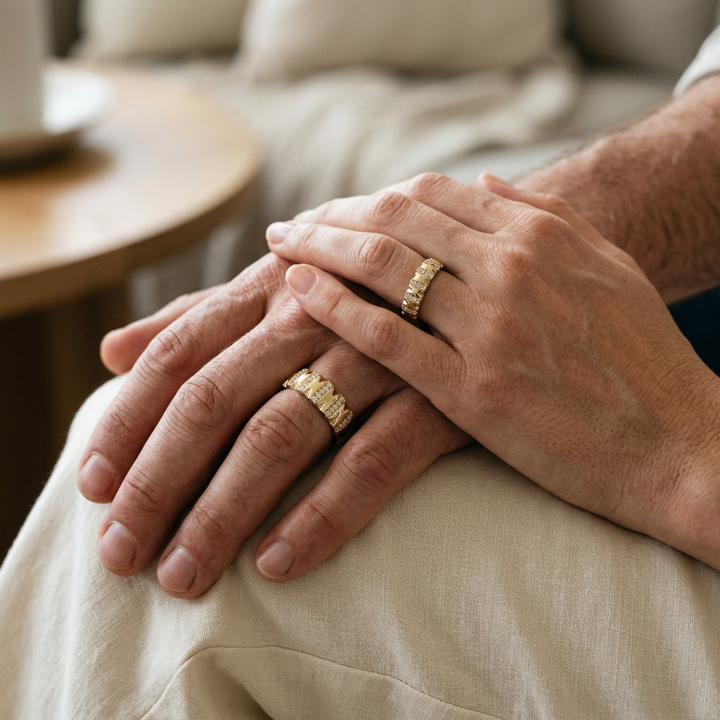 Coordinating yellow gold wedding bands worn by two partners