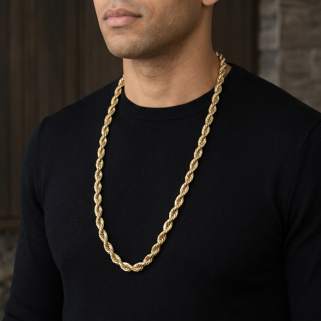 32-inch yellow gold rope chain styled over a black shirt