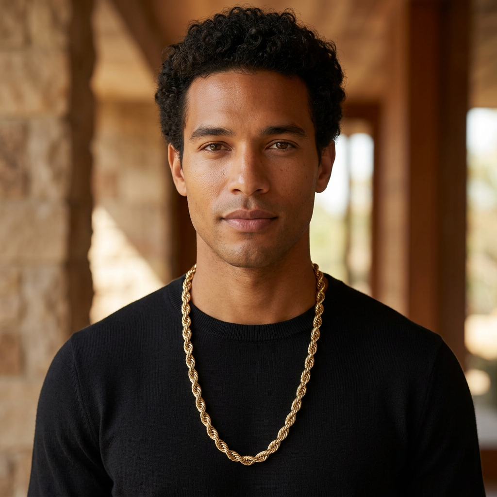 Model wearing the 25-inch R2281 yellow gold rope chain with a black shirt