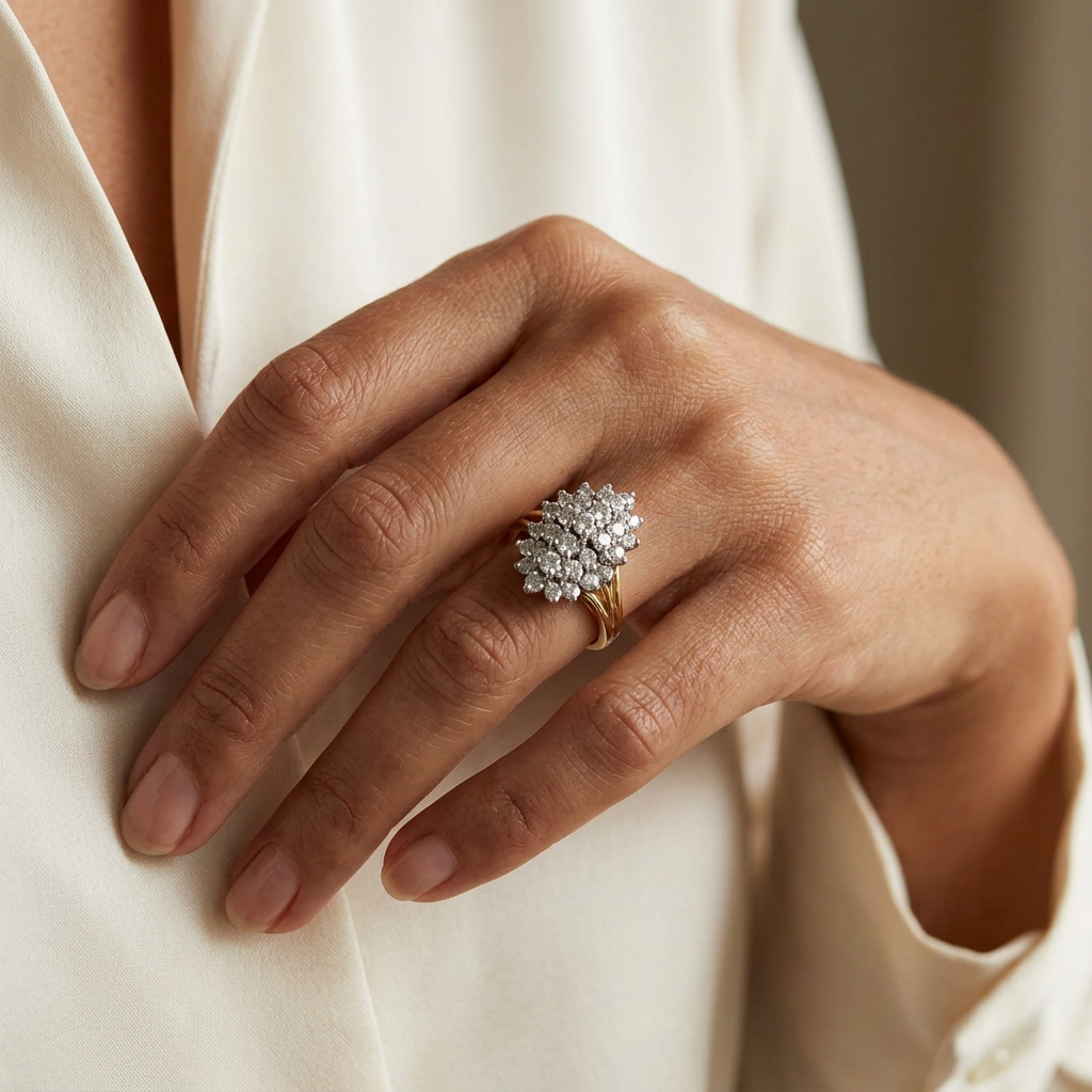 G206 yellow gold diamond cluster ring worn on a hand