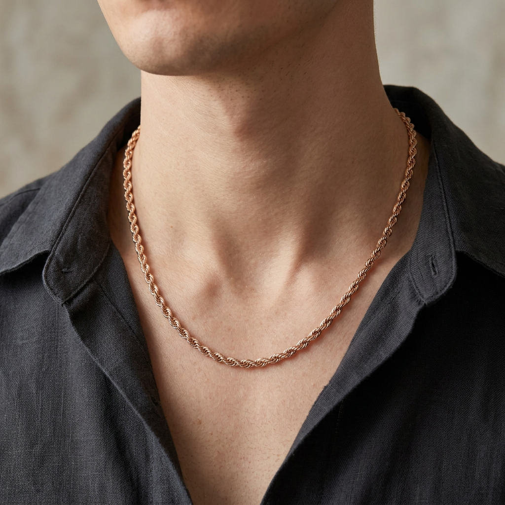 Rose gold rope chain necklace styled with an open charcoal shirt