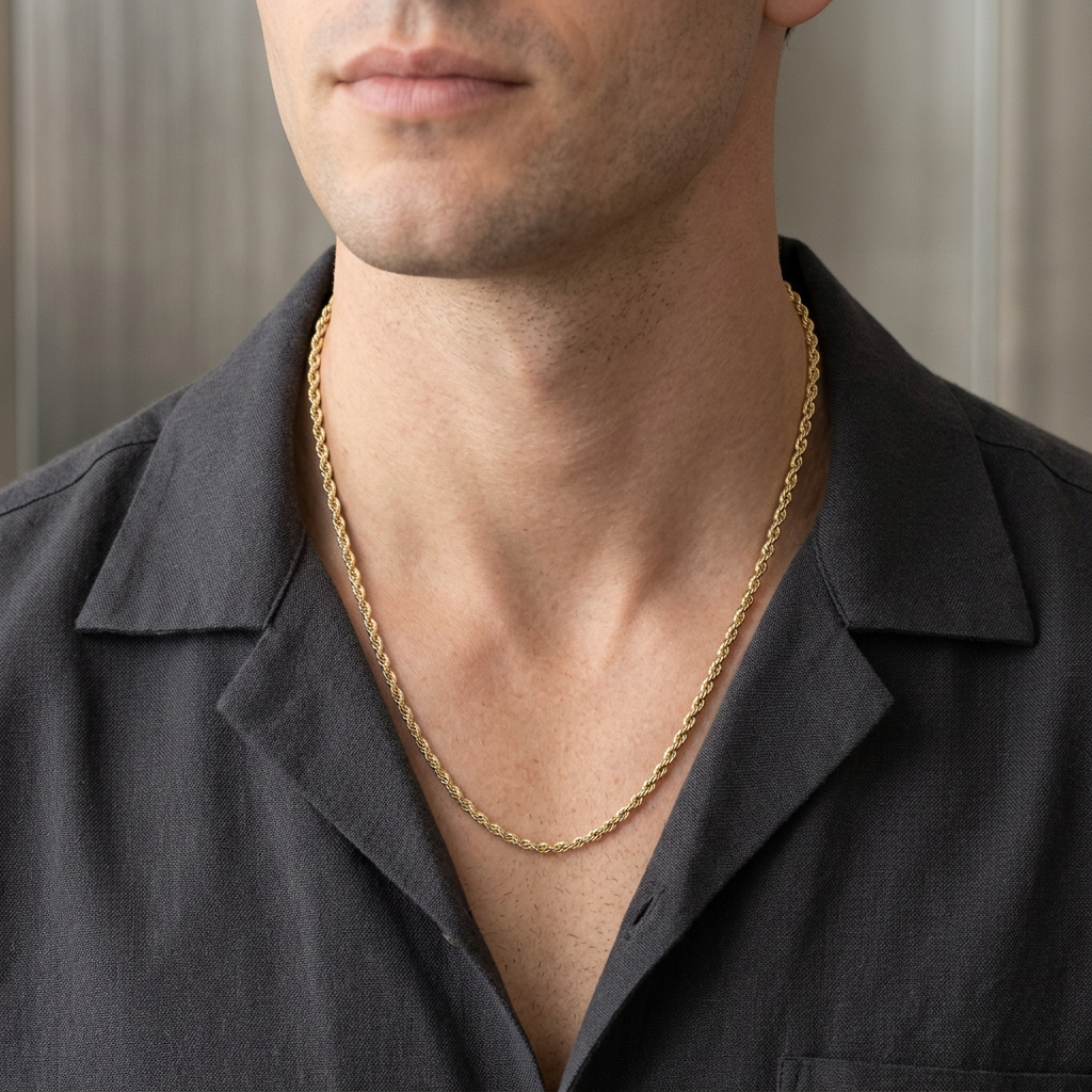 Model wearing the slender 14K yellow gold rope chain with a charcoal shirt