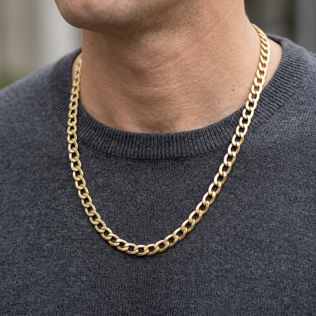 G335 yellow gold curb link necklace worn with a charcoal crewneck