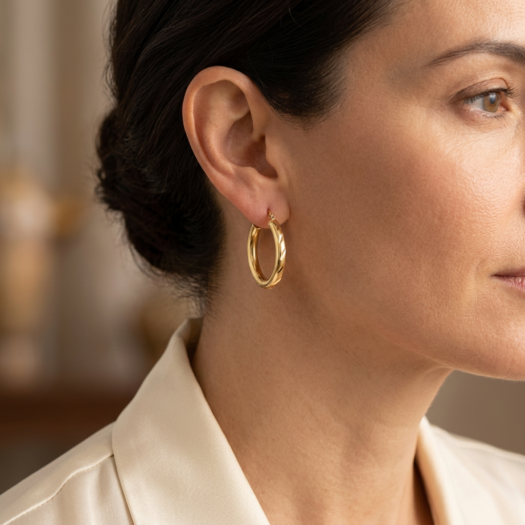 Lifestyle view of a woman wearing a 20 mm yellow gold hoop earring