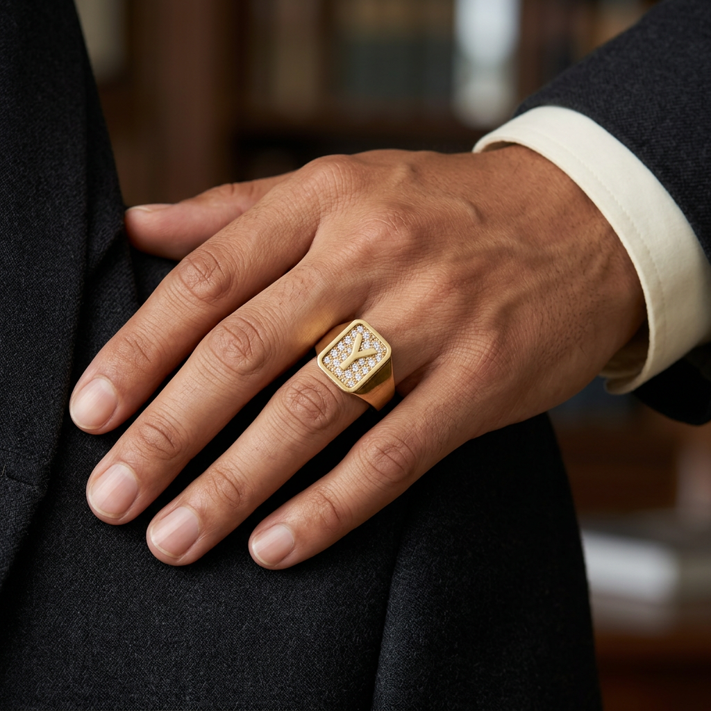10K yellow gold Y initial ring worn on a hand with tailored attire