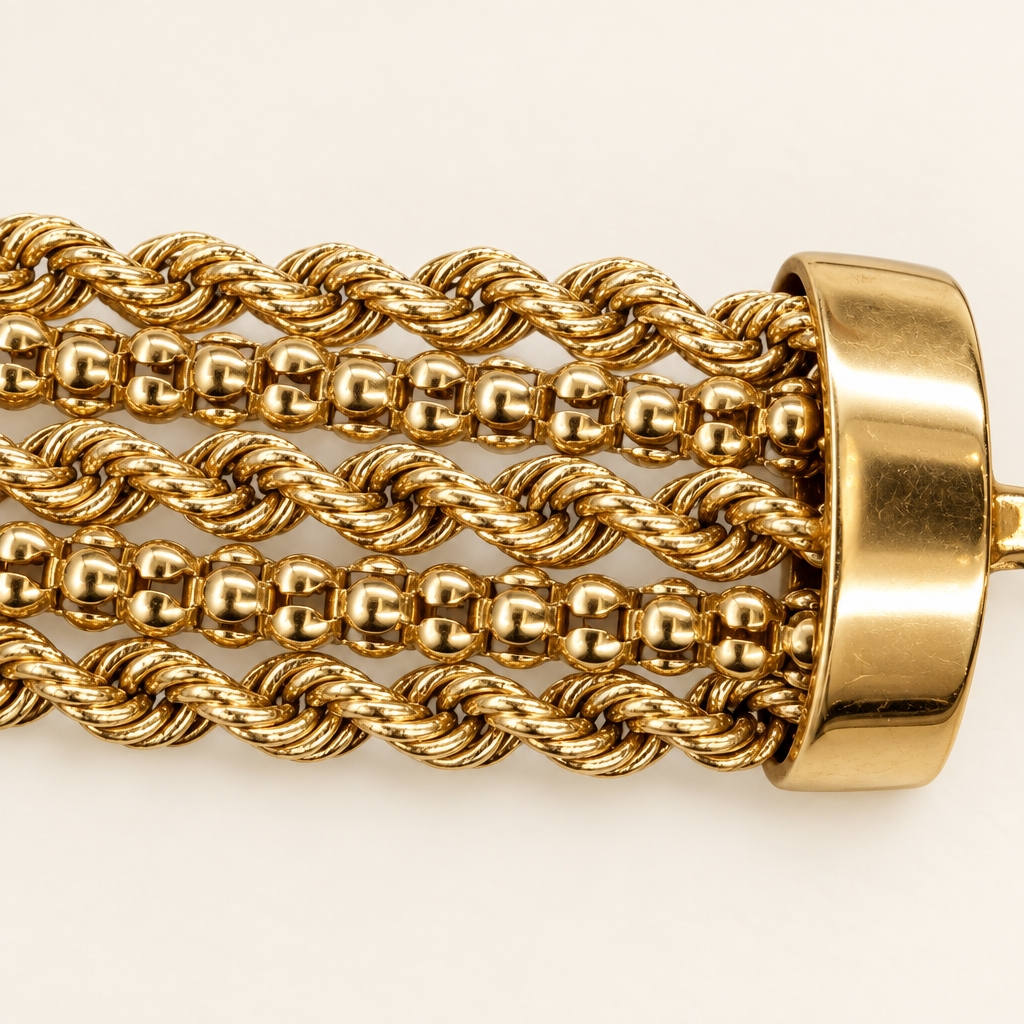 Close-up of ridged rope-style links alternating with rounded articulated links