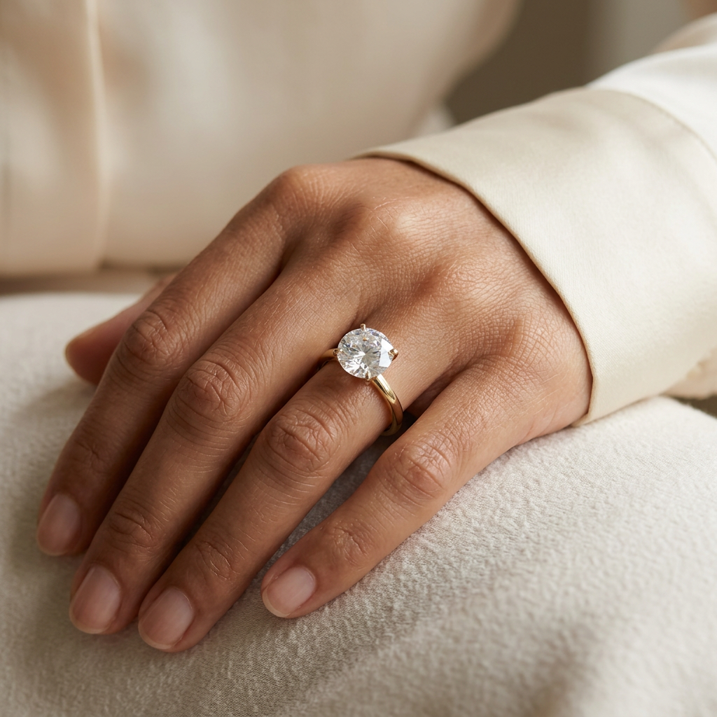 G114 yellow gold CZ solitaire ring worn on a hand