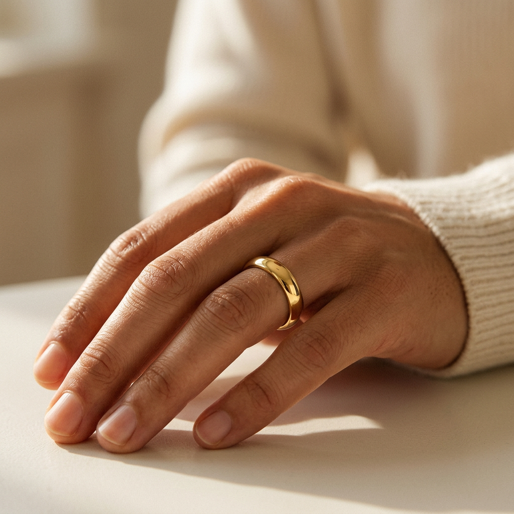 4mm yellow gold wedding band worn on a hand