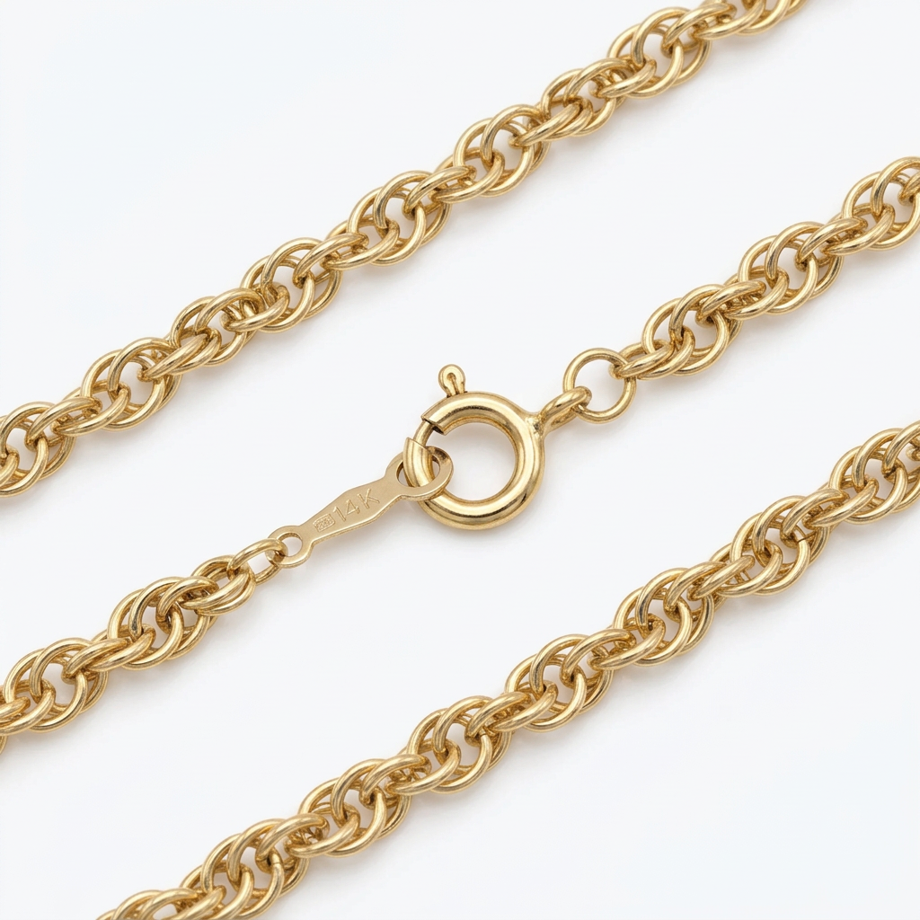 Spring-ring clasp detail on a 14K yellow gold Prince of Wales chain