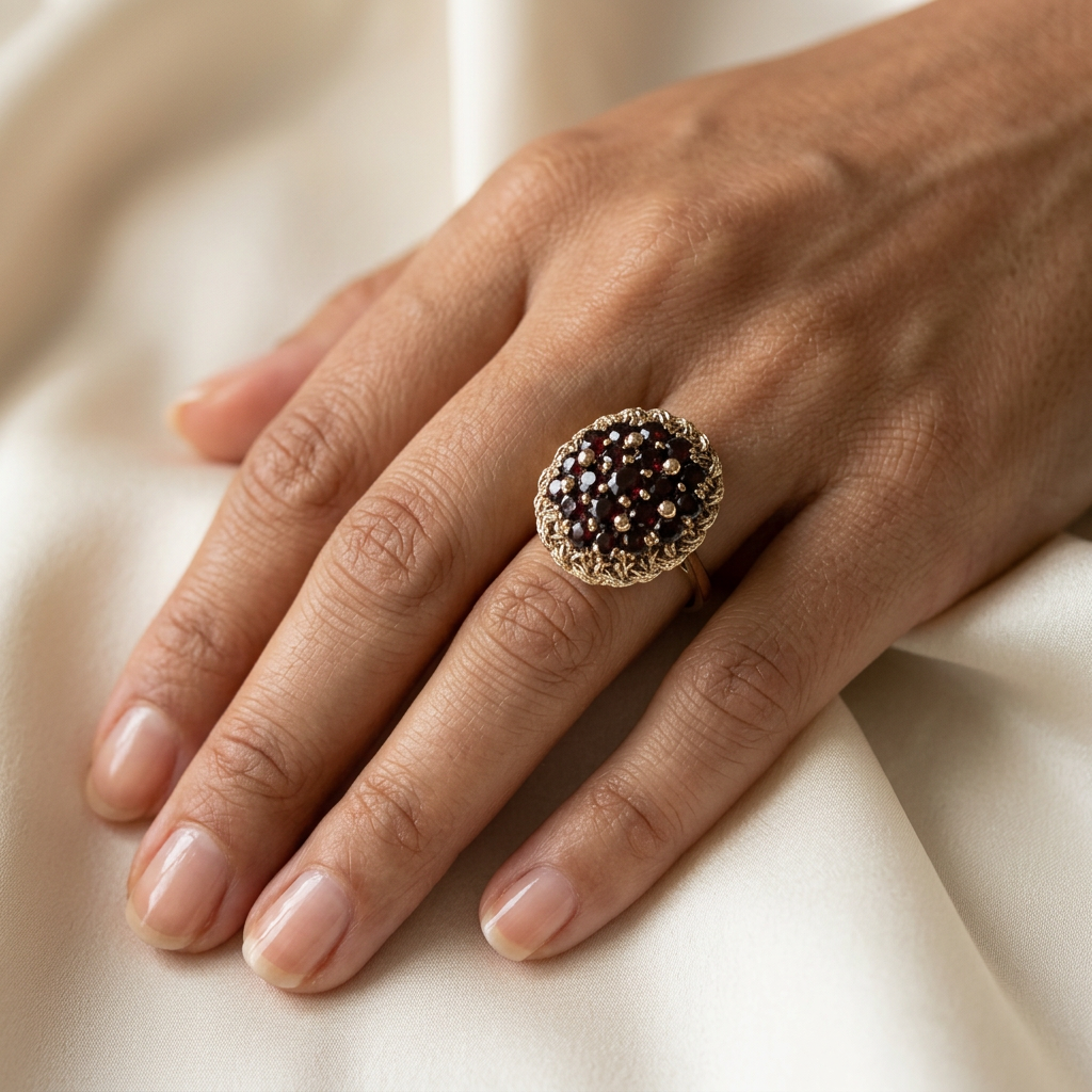 G100 yellow gold garnet cluster ring styled on a hand