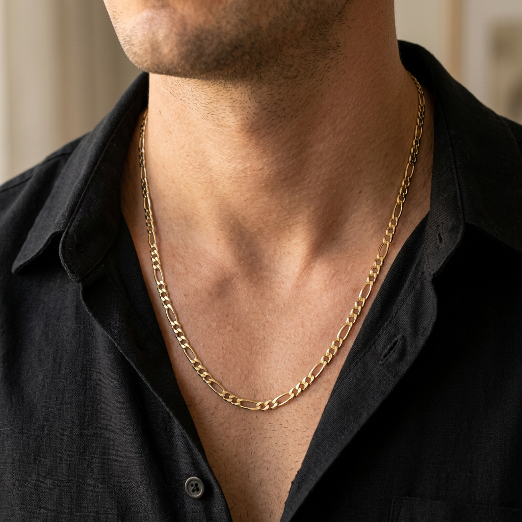 Lifestyle view of a 4.1mm yellow gold Figaro necklace worn with a black open-collar shirt