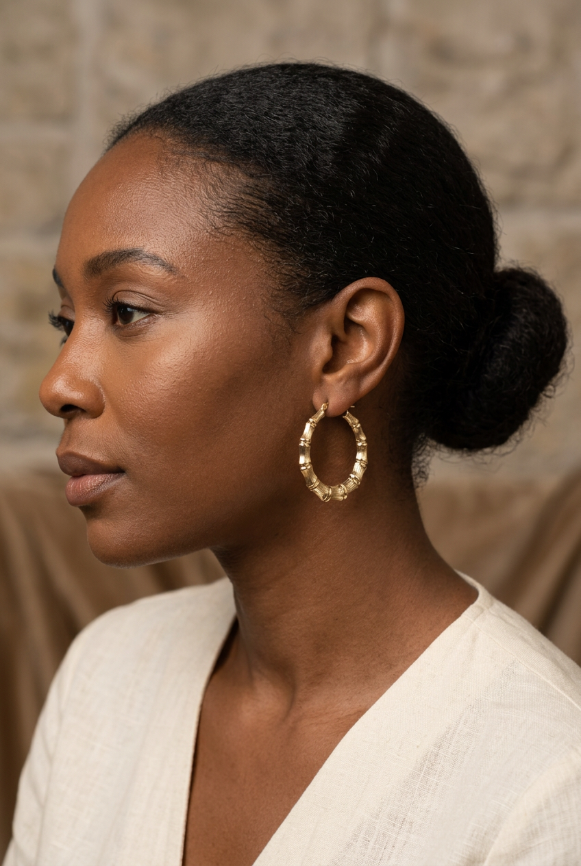 Model wearing a 36mm yellow gold bamboo hoop earring