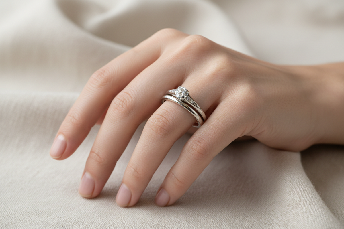 Lifestyle - engagement ring and wedding band set on hand