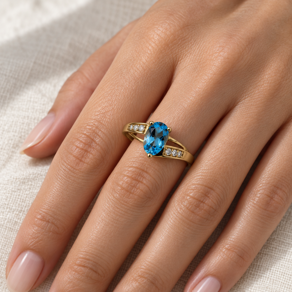 Lifestyle view of the blue-stone ring worn on a hand