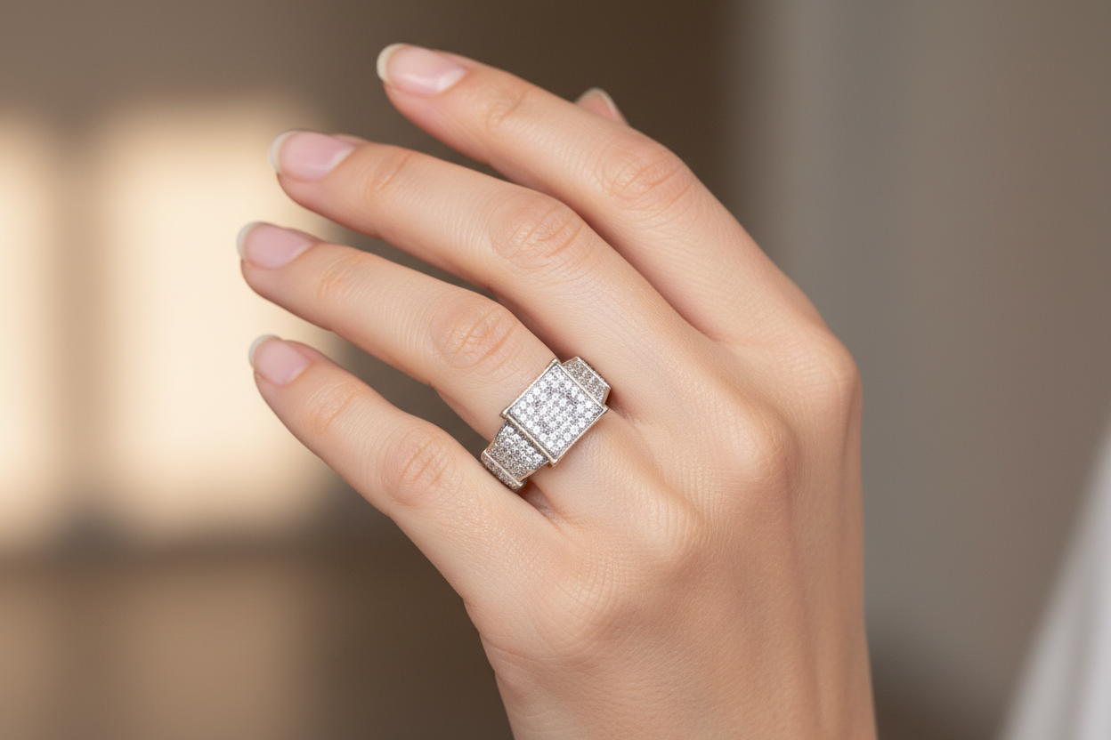 10K White Gold Pavé Diamond Ring on Hand