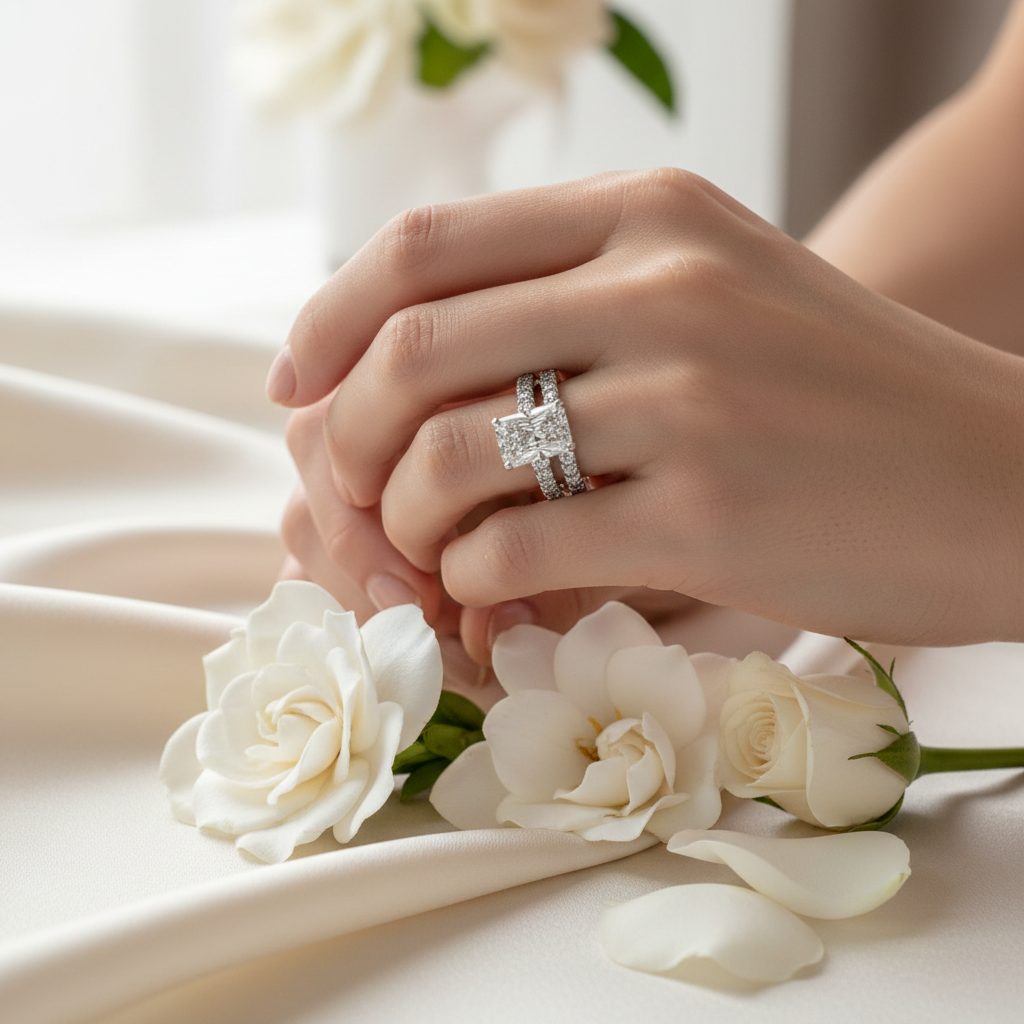 14K White Gold Diamond Bridal Set Lifestyle