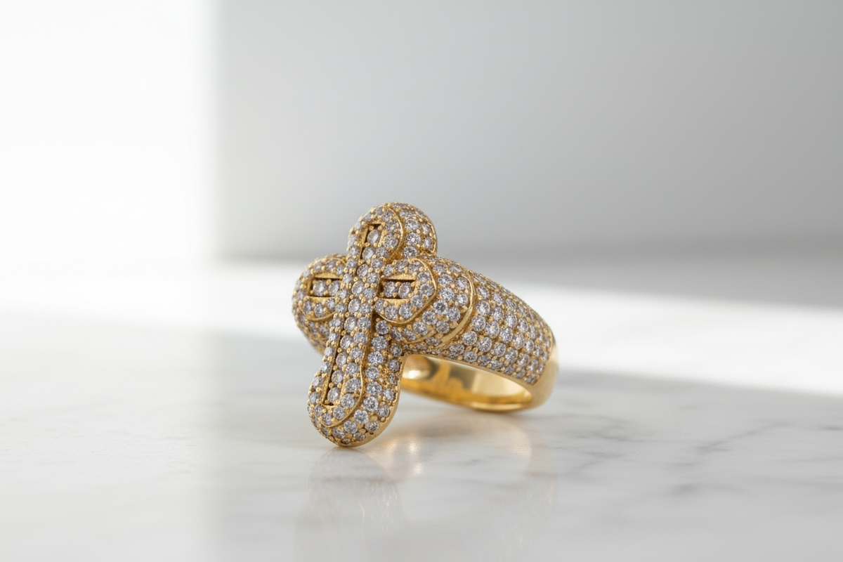 14K YG CZ Cross Ring – Marble