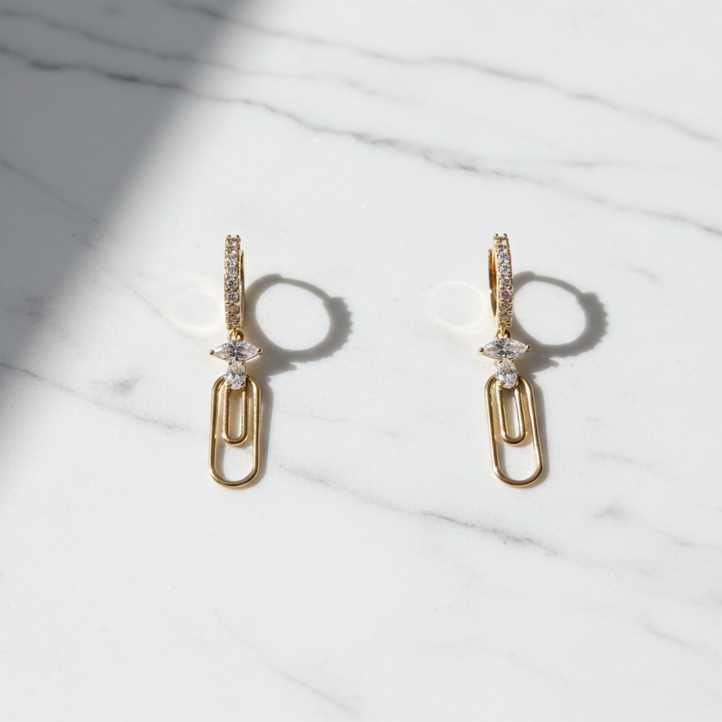 14K YG Diamond Paperclip Earrings - Flat Lay