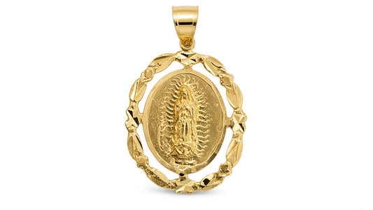 14K gold Our Lady of Guadalupe medallion pendant, front view