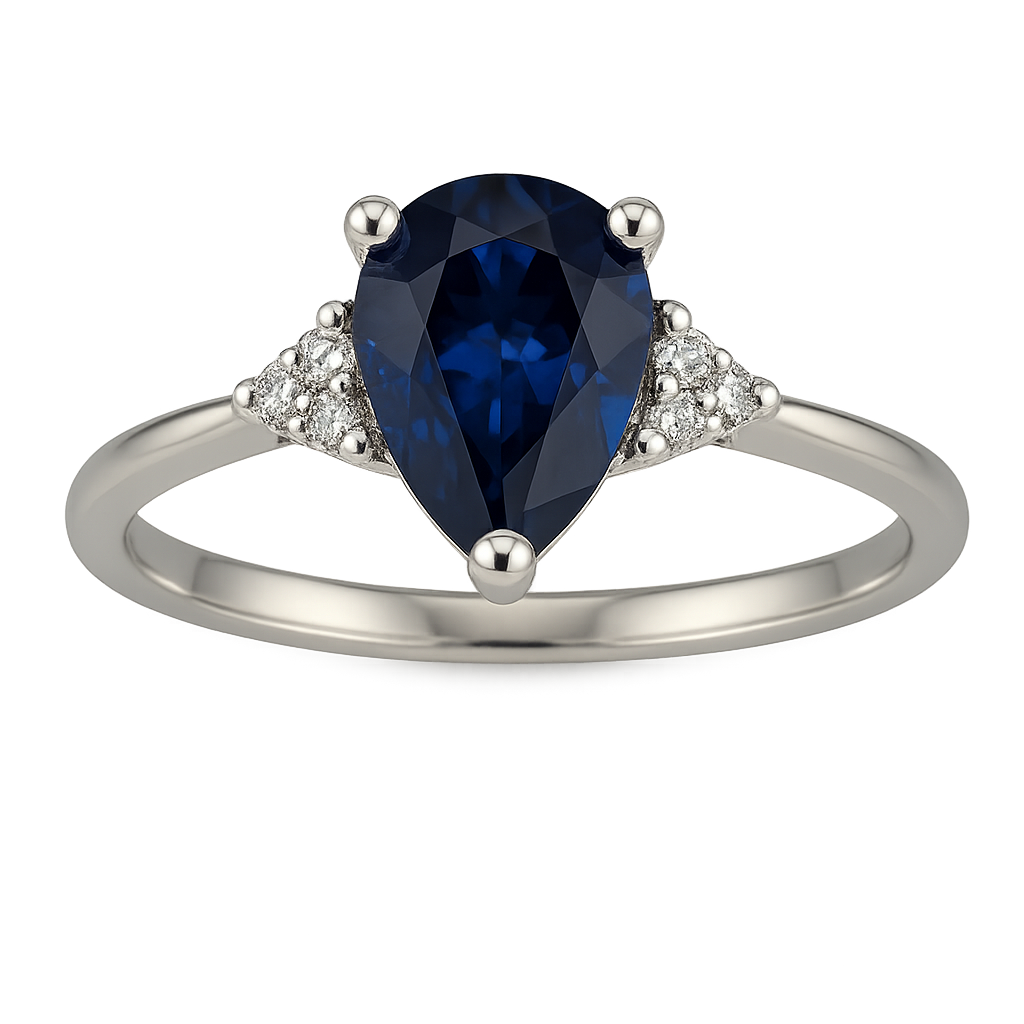 1/2CT Pear-Shaped Sapphire Ring with Diamond Accents – 10K White Gold (Size 7)  Timeless Sophistication in Deep Sapphire Blue
