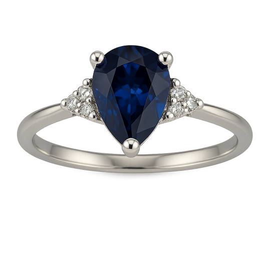 1/2CT Pear-Shaped Sapphire Ring with Diamond Accents – 10K White Gold (Size 7)  Timeless Sophistication in Deep Sapphire Blue