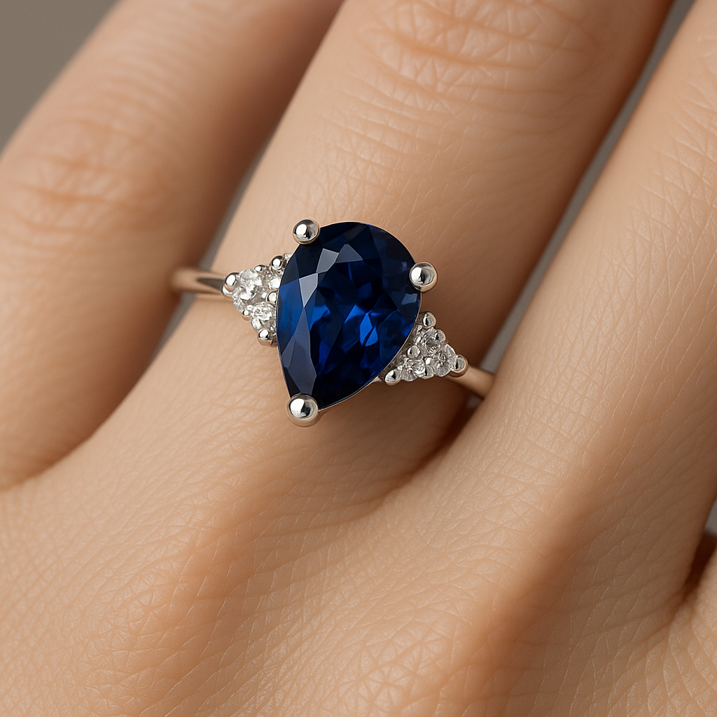 1/2CT Pear-Shaped Sapphire Ring with Diamond Accents – 10K White Gold (Size 7)  Timeless Sophistication in Deep Sapphire Blue