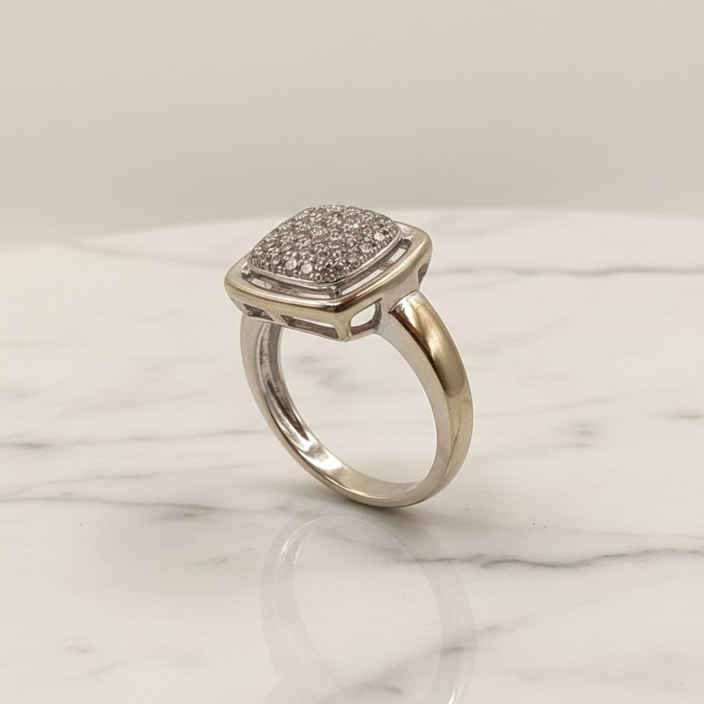 14K White Gold Cushion Pavé Diamond Cluster Ring | Size 7 | 3.7G
