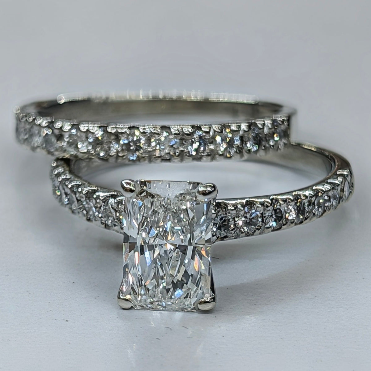14K White Gold Radiant-Cut Diamond Engagement Ring & Pavé Band Set