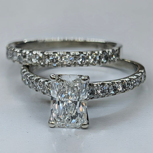 14K White Gold Radiant-Cut Diamond Engagement Ring & Pavé Band Set