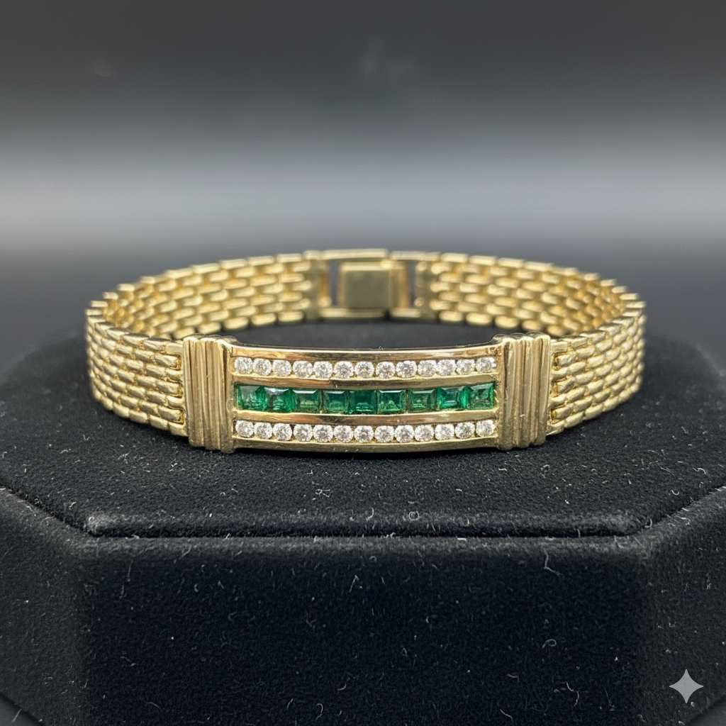 Elegant 14K Yellow Gold Diamond and Emerald Bracelet