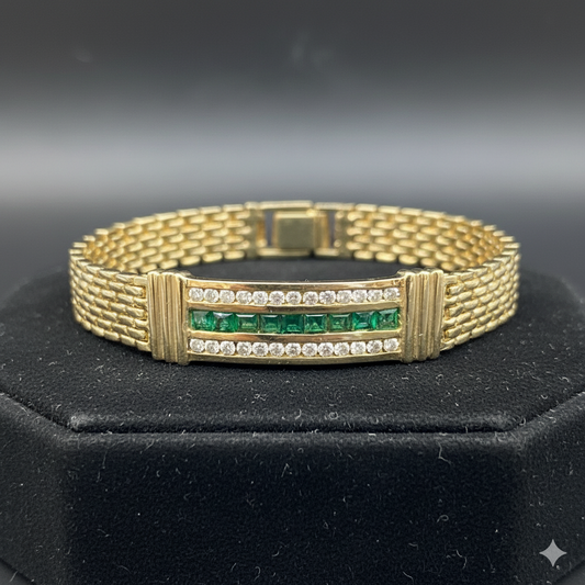 Elegant 14K Yellow Gold Diamond and Emerald Bracelet