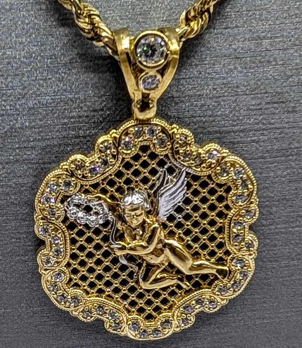 10K Yellow Gold CZ Cherub Angel Filigree Pendant | 8g