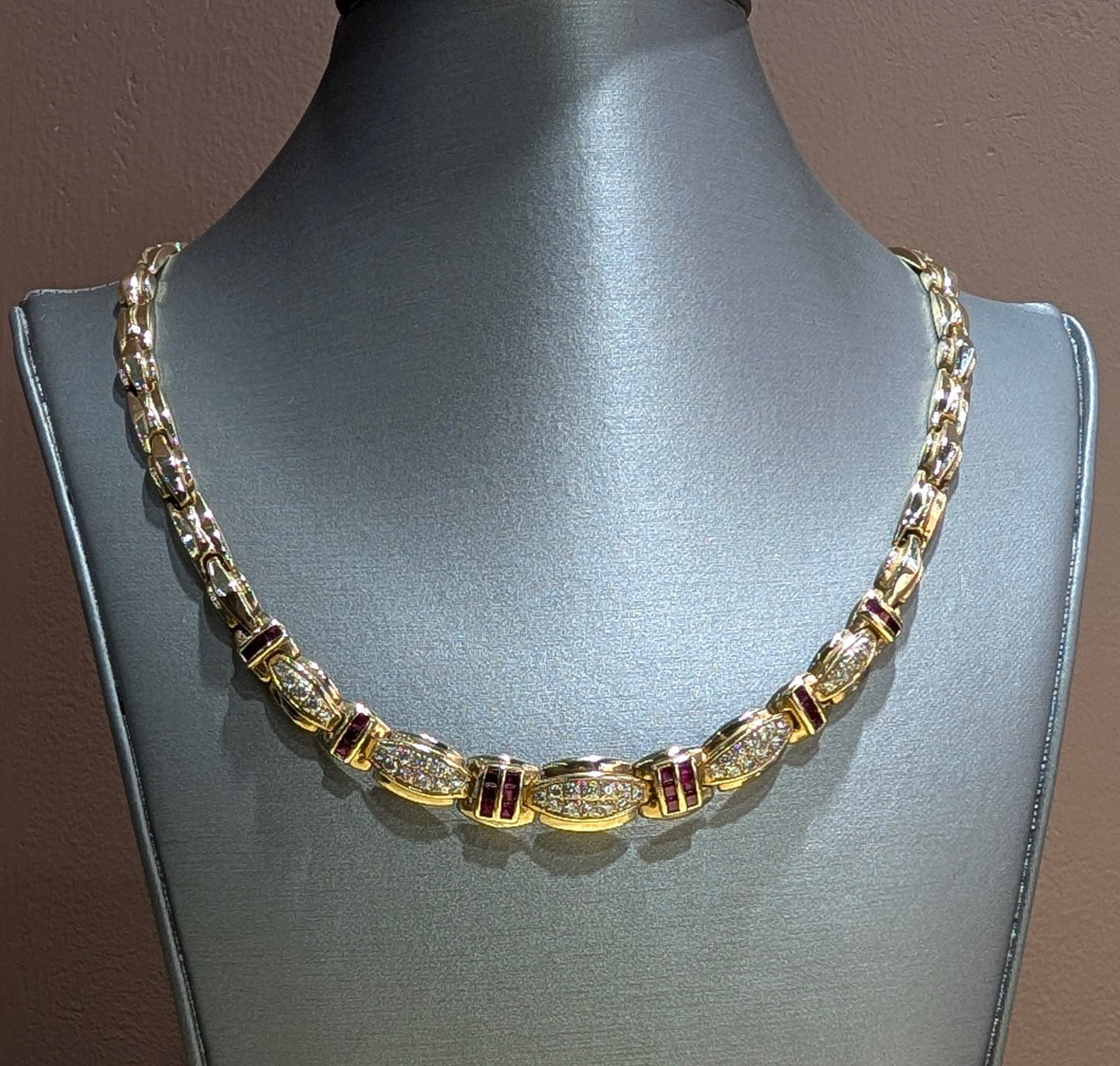 14K Yellow Gold DIA & RUBY CZ Station Necklace 18"
