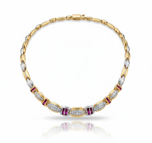 14K Yellow Gold DIA & RUBY CZ Station Necklace 18"