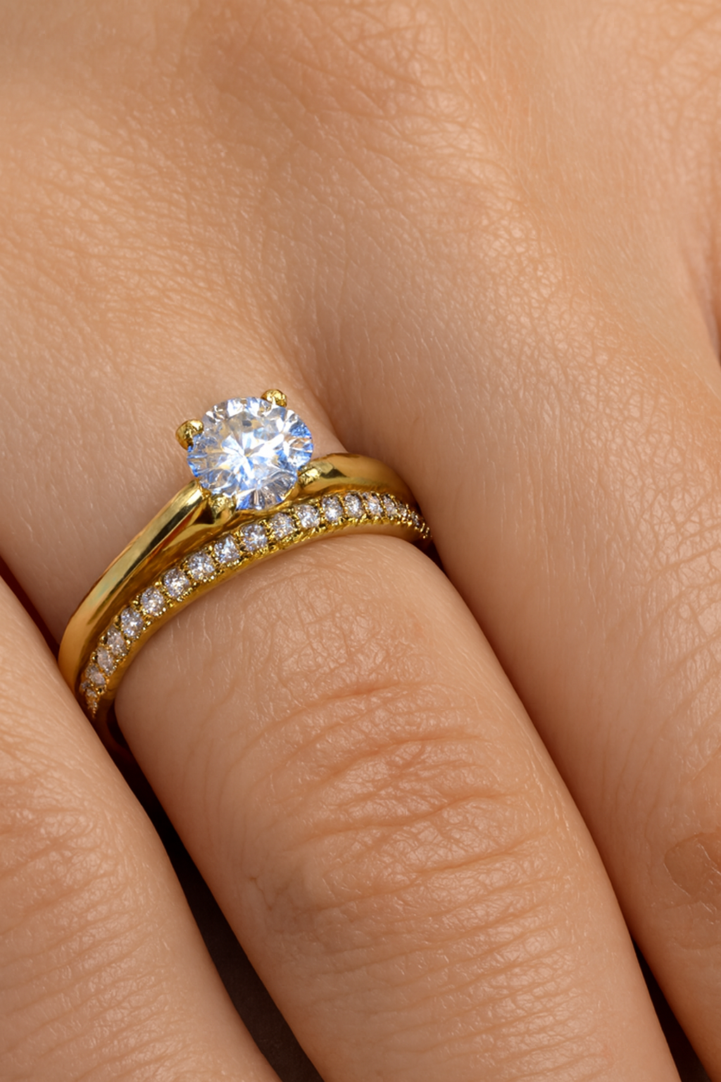 The "Infinity" Bridal Set: 18K Yellow Gold 1ct Round Lab Diamond Solitaire & Pave Wedding Band