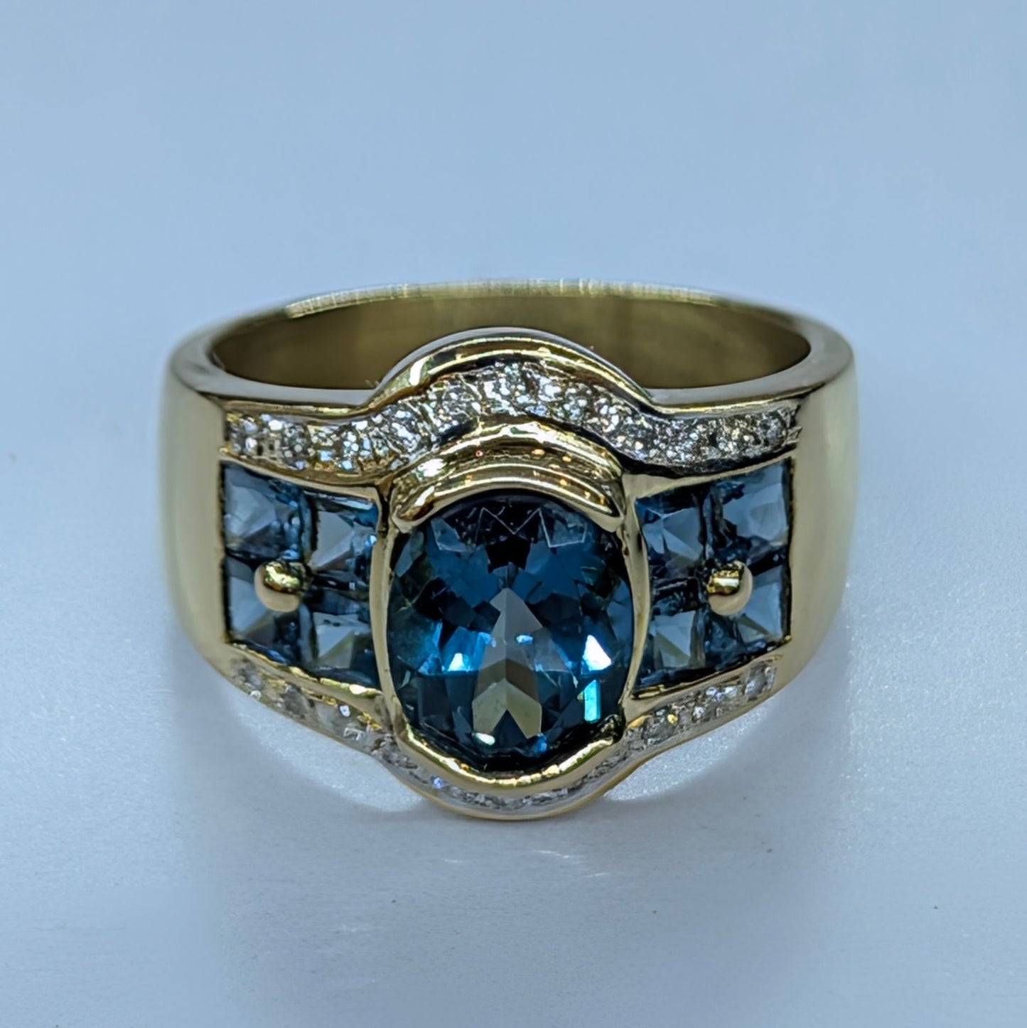 18K Yellow Gold Diamond & London Blue Topaz Ring | Size 7.5