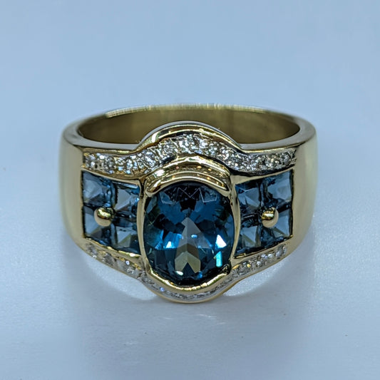 18K Yellow Gold Diamond & London Blue Topaz Ring | Size 7.5