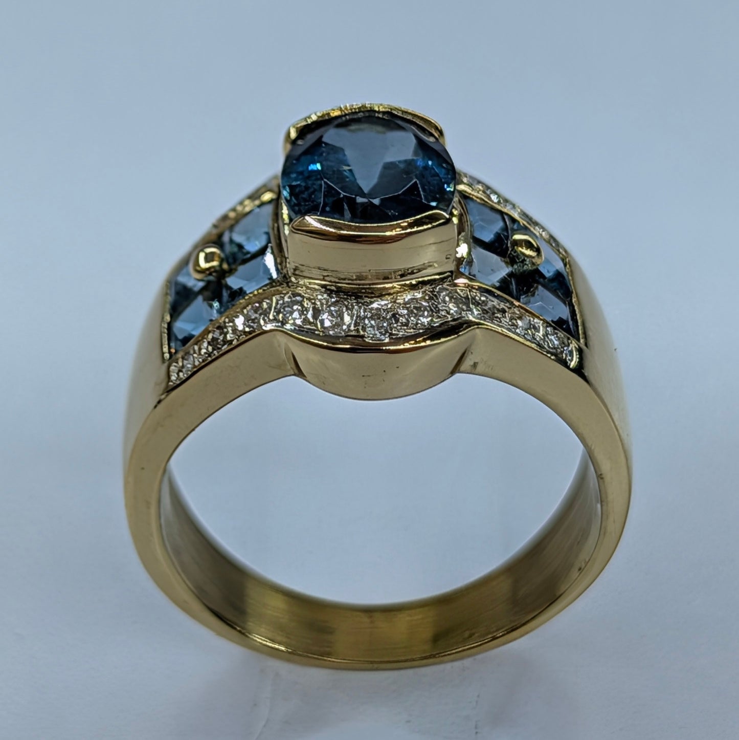 18K Yellow Gold Diamond & London Blue Topaz Ring | Size 7.5