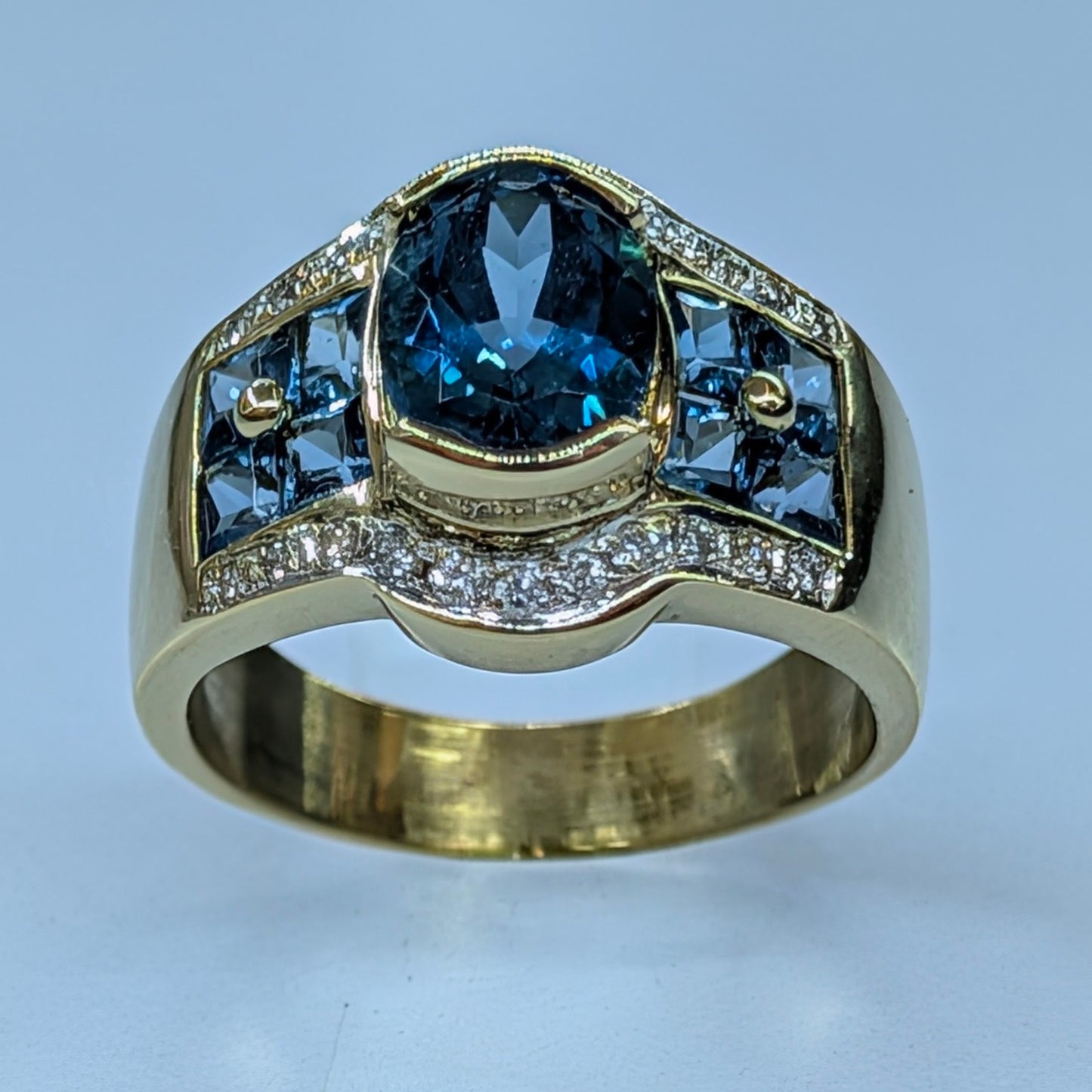 18K Yellow Gold Diamond & London Blue Topaz Ring | Size 7.5