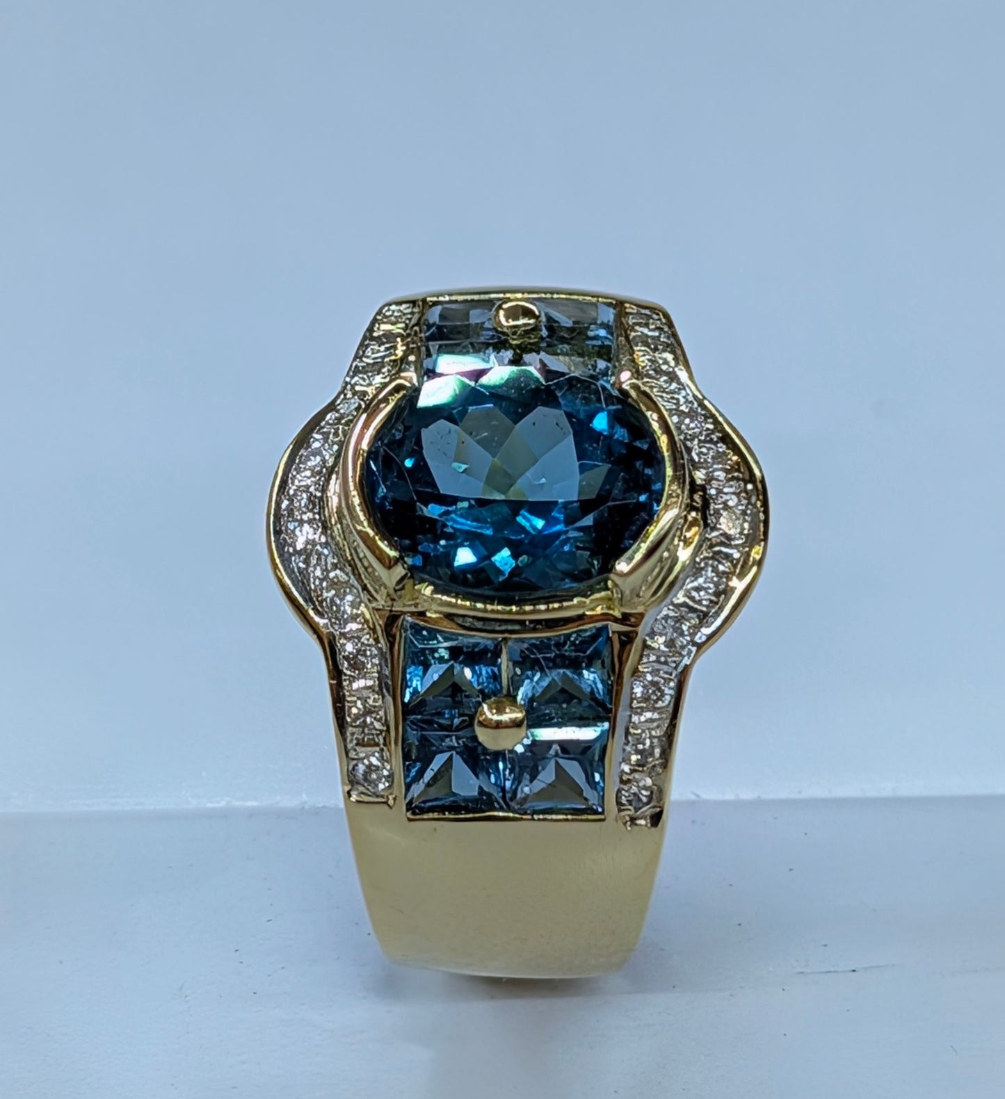 18K Yellow Gold Diamond & London Blue Topaz Ring | Size 7.5