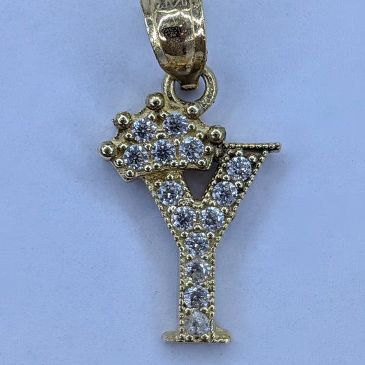 14K Yellow Gold CZ Crown "Y" Initial Charm Pendant | 0.9g